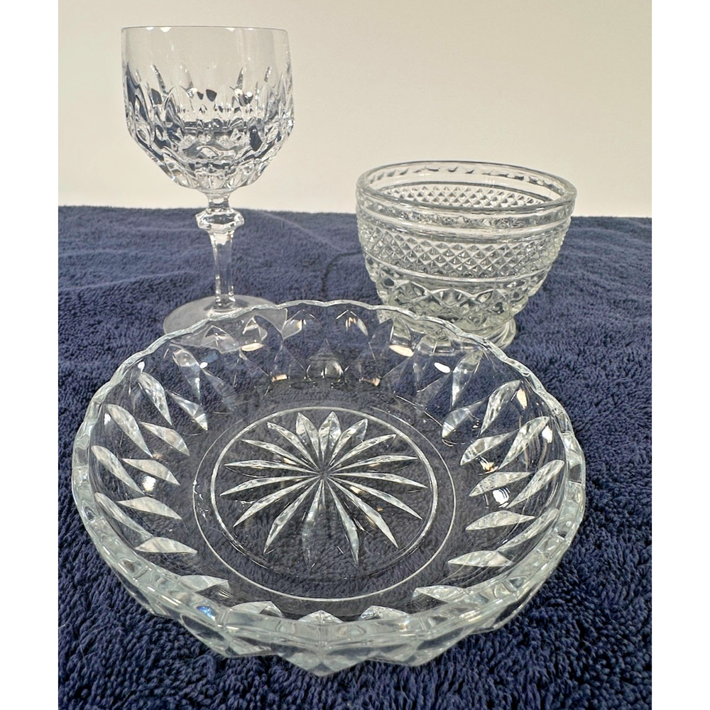 Vintage Pressed Cut Glass Lot Bowl Plate Goblet Set of 3